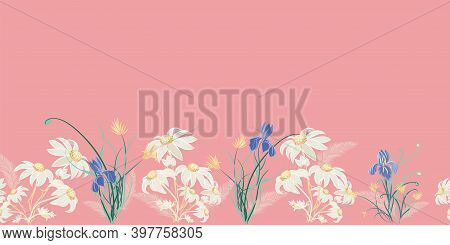 Pink Border Design Flannel Flowers And Iris Repeat Pattern. Vector Illustration On Pink Background