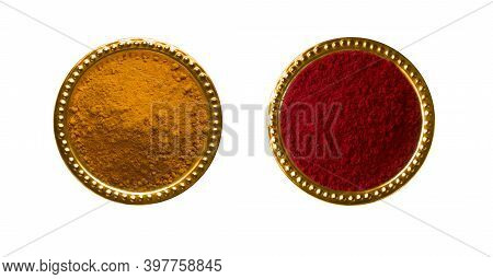 Huldi Kumkum In A Golden Cup Isolated On White Background, Turmeric And Kumkum For Indian Traditiona
