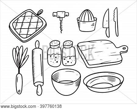 Kitchen Appliances Set. Hand Drawing Doodles Black Objects.
