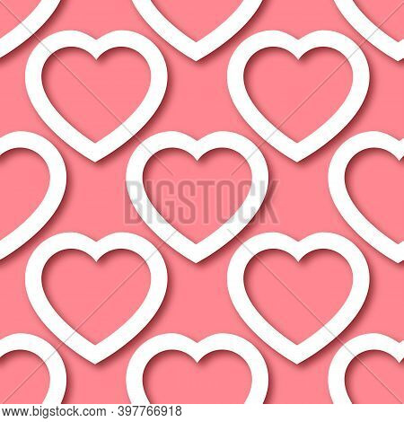 Cute Romantic Paper Cut Hearts On Pink Background Seamless Border Pattern. Saint Valentine Day Vecto