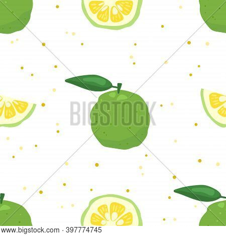 Green Yuzu Japanese Citron Fruit Seamless Pattern Vector Illustration Isolated On White Background. 