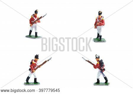 4 In 1 Shot Of Metal Soldiers With Musket On The White Background
