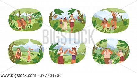 Set Of Different People Exploring Nature Vector Flat Illustration. Collection Of Man And Woman Explo