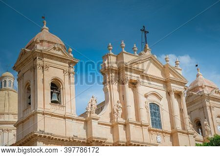 Sicily Italy, View Of Noto Old Town And Noto Cathedral, Sicily, Italy. Beautiful And Typical Streets