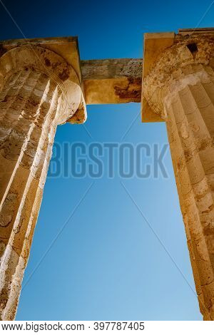 Greek Temples At Selinunte, View On Sea And Ruins Of Greek Columns In Selinunte Archaeological Park 