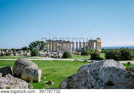 Greek Temples At Selinunte, View On Sea And Ruins Of Greek Columns In Selinunte Archaeological Park 