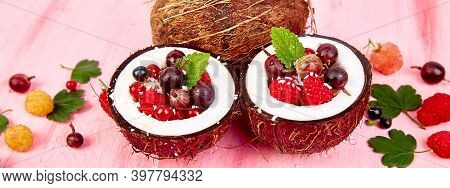 Banner Of Fruit Salad Agrus, Gooseberry, Rasbberry In Coconut
