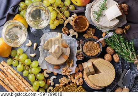 Plate Of Organic Raw Vegan Cheese, Snacks, Nuts, Fruits