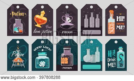 Potion Tags Set. Magic Bottles With Witchcraft Drinks Or Poisons Vector Illustrations With Text. Wit