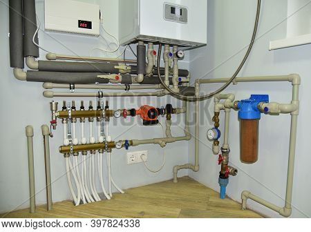 Independent Heating System In Boiler Room At Home. Domestic Water Supply System. Water Supply For Un
