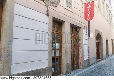 Prague, Czech Republic - July 10, 2020: Facade Of Sex Machines Museum.
