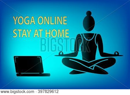 Woman Meditating Doing Online Yoga At Home, Icon Girl Is Meditating 
On A Blue Background