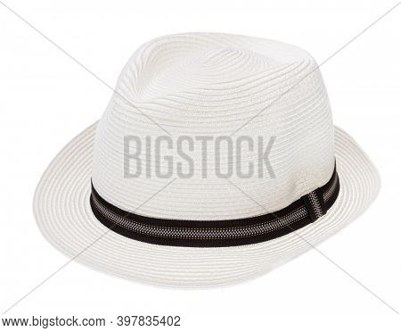 Summer panama hat with black ribbon isolated on white background