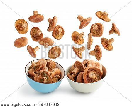 Bowl Typical Autumn Mushrooms Flying Isolated From The White Background