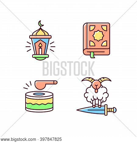 Religious Muslim Atributes Rgb Color Icons Set. Holy Word Of God Called Quran. Special Drums For Wak