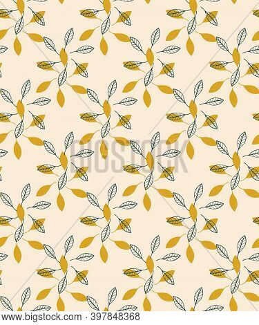 Wheath Seamless Pattern. Hand Drawn Black Graphic Design, Contour And Shapes Of Leaves Elements, Lig