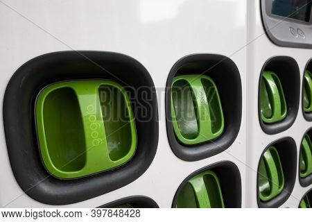 Taipei city, Taiwan - June 14th, 2020: charging station for battery packs of Taiwan-based Gogoro electronic motocycle at street in Taipei, Taiwan, Asia