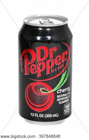 Novyy Urengoy, Russia - November 28, 2020: Aluminium Can Of The Dr Pepper Cherry Isolated Over White