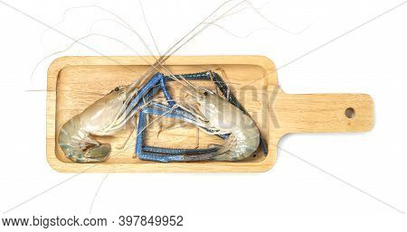 River Shrimp Common Or Macrobrachium Rosenbergii With Square Wooden Tray Isolated On White Backgroun
