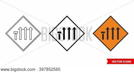 Nearside Lane Of Four Closed Roadworks Sign Icon Of 3 Types Color, Black And White, Outline. Isolate