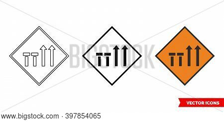Two Nearside Lanes Of Four Closed Roadworks Sign Icon Of 3 Types Color, Black And White, Outline. Is