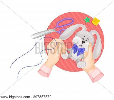 Arm Sewing Stuffed Toy Hare Holding Needle And Thread Vector Illustration