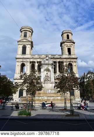 Paris, France. August 12, 2019. Eglise Saint-sulpice De Paris Neoclassical Facade And Towers With Fo