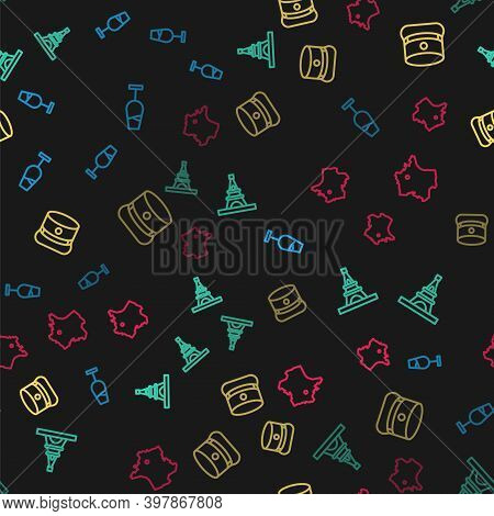 Set Line Wine Glass, Eiffel Tower, Kepi And Map Of France On Seamless Pattern. Vector