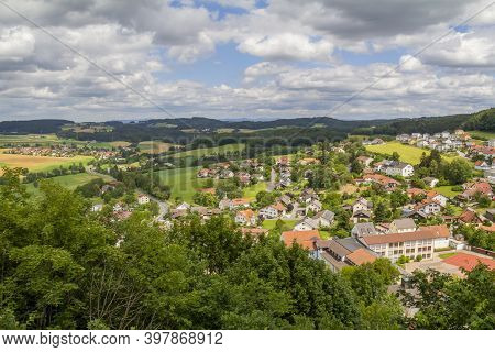Sunny Aerial Scenery Around Falkenstein Castle In The Bavarian Forest At Summer Time