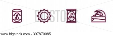 Set Line Olives In Can, , Sun And Concert Hall De Tenerife Icon. Vector