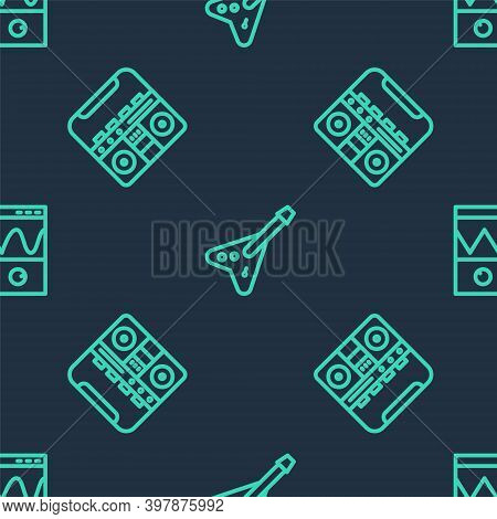 Set Line Electric Bass Guitar, Home Stereo With Speakers And Oscilloscope On Seamless Pattern. Vecto