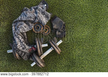Old Rusty Gym In The Garden On The Grass With Space For Text