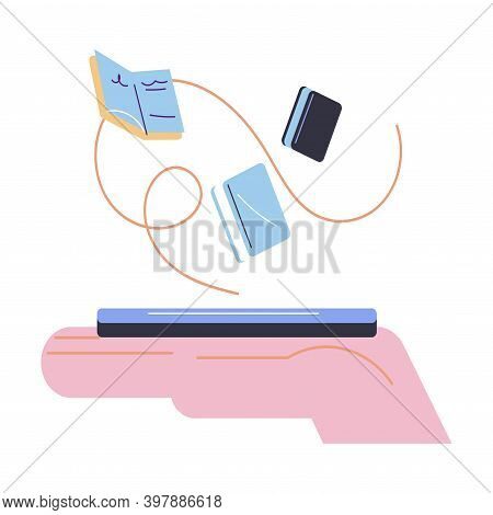 Human Hand Holding Smartphone Full Of Electronic Books In E-library