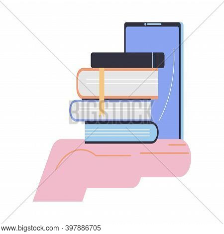 Human Hand Holding Stack Of Electronic Books In Smartphones E-libruary
