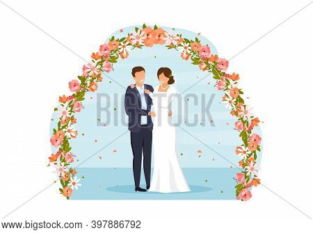 Cute Wedding Couple Bride And Groom. Wedding Day, Holiday, Event, Date. Beautiful Happy Man And Woma