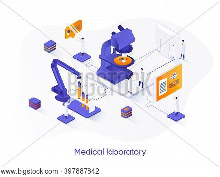 Medical Laboratory Isometric Web Banner. Pharmacy Industry Reserch And Development Isometry Concept.
