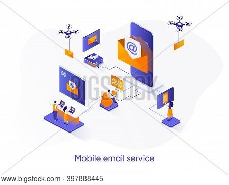 Mobile Email Service Isometric Web Banner. Email Smartphone App Isometry Concept. Social Network Mes