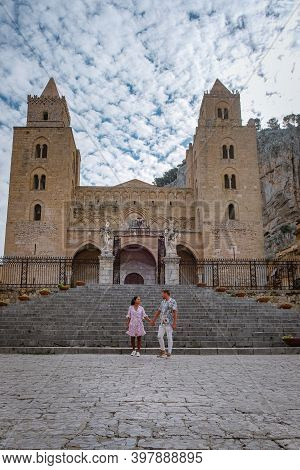 Cefalu, The Medieval Village Of Sicily Island, Province Of Palermo, Italy. Europe, A Couple On Vacat
