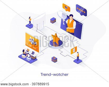 Trend-watcher Isometric Web Banner. Professional Trend Watching Occupation Isometry Concept. Marketi