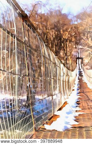 Suspention Bridge Over The Mountain River Winter View