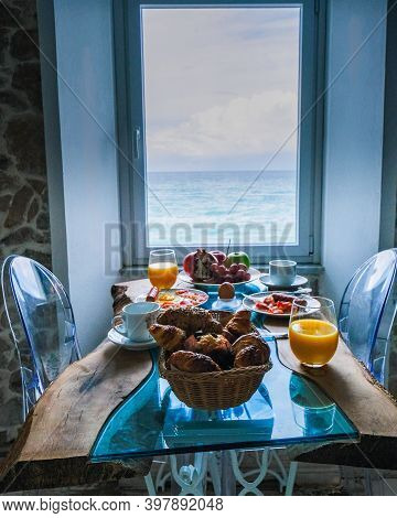 Breakfast With A View Over The Ocean From The Window, Cefalu, Medieval Village Of Sicily Island, Pro