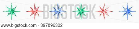Red, Green, Blue Crystal Stars. Christmas Decorations. Festive Decor For Decorating Greeting Ccards,
