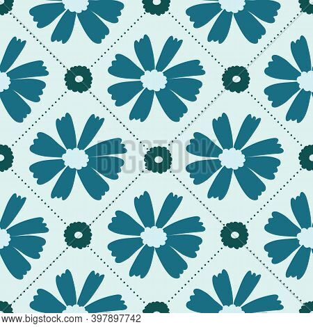 Blue And Green Daisy Geometric Polka Dot Seamless Repeating Pattern
