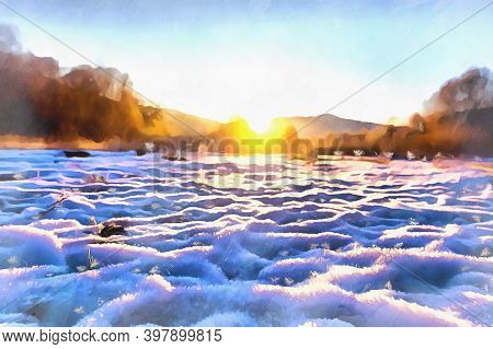 Beautiful Sunny Winter Landscape At Caucasus Mountains At Sunrise Time