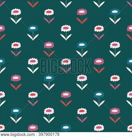 Dark Green Daisy Geometric Polka Dot Seamless Repeating Pattern