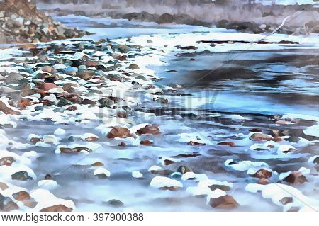 Beautiful Ice River At Caucasus Mountains Close Up View