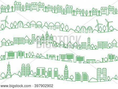 Set Of Seamless Simple Townscape Drawings Isolated On A White Background. Vector Illustration.