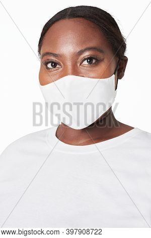 Woman wearing face mask mockup due to covid-19 protection