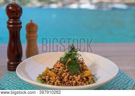 Lentil Salad Lefkada With Black Eyed Peas,sun-driedtomato,yellow Cherry Tomato Chef Daniel Krbasian