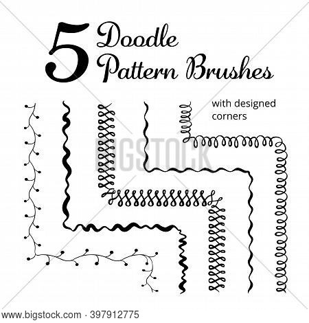 Vector Set Of Five Hand Drawn Brushes With Corner Tiles. Seamless Pattern Of Different Colors For Fr